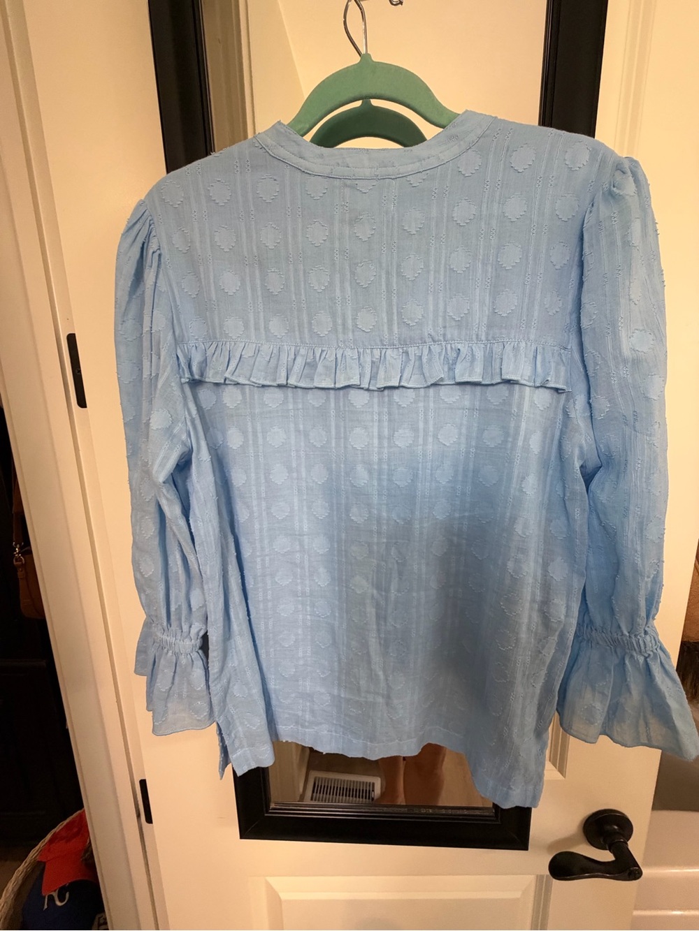 Light Blue Ruffle-Back Women's Blouse - Picture 9 of 10
